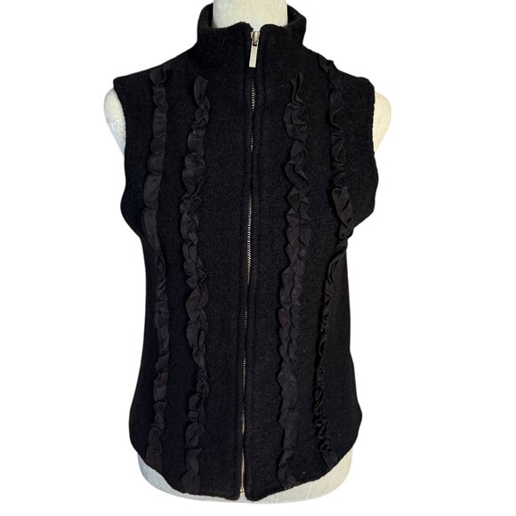 Coldwater Creek black sleeveless mock neck ruffle zip up wool sweater vest M - Picture 1 of 9